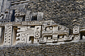 Detail of the west frieze on El Castillo or Structure A-6 in the Mayan ruins of the Xunantunich Archeological Reserve in Belize.\n