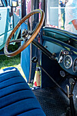Detail of the passenger compartment of a restored vintage 1927 Chevrolet Series AA Capitol sedan in a car show in Moab, Utah.\n