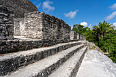 Structure A-32 on the front of El Castillo (Structure A-6) in the Mayan ruins in the Xunantunich Archeological Reserve in Belize.\n