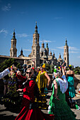 Group from Andalucia dancing sevillanas during The Offering of Fruits on the morning of 13 October during the Fiestas del Pilar, Zaragoza, Aragon, Spain\n