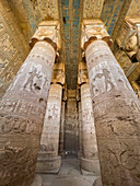 Säulen im Inneren der Hypostylhalle, Hathor-Tempel, Dendera-Tempelanlage, Dendera, Ägypten, Nordafrika, Afrika