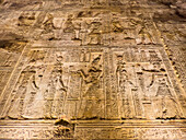 Interior view of the reliefs inside the Temple of Hathor, Dendera Temple complex, Dendera, Egypt, North Africa, Africa\n