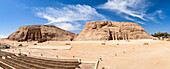 Panoramic view of the Great Temple of Abu Simbel on the and the temple of Hathor and Nefertari on the right, UNESCO World Heritage Site, Abu Simbel, Egypt, North Africa, Africa\n