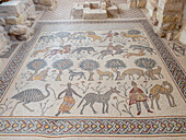 Mosaic floor in the Diaconicon-Baptistery from Byzantine times that stands on the top of Mount Nebo, Jordan, Middle East\n