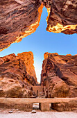 The Siq, entrance to Petra Archaeological Park, UNESCO World Heritage Site, one of the New Seven Wonders of the World, Petra, Jordan, Middle East\n