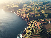 Aerial view of Sao Miguel shores and coastline at sunrise, Azores Islands, Portugal, Atlantic, Europe\n