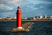 Red lighthouse in front of the harbor of Hakodate, Hokkaido, Japan, Asia\n