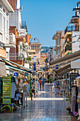 View of shopping street in Argostoli, capital of Cephalonia, Argostolion, Kefalonia, Ionian Islands, Greek Islands, Greece, Europe\n