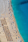 Aerial view of Myrtos Beach, coastline, sea and hills near Agkonas, Kefalonia, Ionian Islands, Greek Islands, Greece, Europe\n