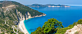 View of Myrtos Beach, coastline, sea and hills near Agkonas, Kefalonia, Ionian Islands, Greek Islands, Greece, Europe\n