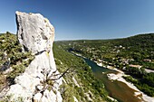 France, Gard, Ardeche Gorges, Aigueze, most beautiful villages of France, view on the Ardeche river above the village from the Castelviel rock\n