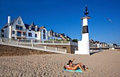 France, Morbihan, wild coast, Quiberon peninsula, Port Maria, its charming residences and its large beach\n