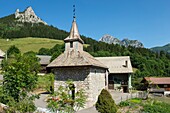 France, Haute Savoie, massif of Chablais, Bernex, the chapel of La Creusaz with Mount Cesar and the dent d'Oche\n