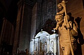 France, Territoire de Belfort, Belfort, Place d Armes, Saint Christophe cathedral, during the Night of the Cathedrals, choir dated 1864, Saint Christophe statuec arrying the baby Jesus\n