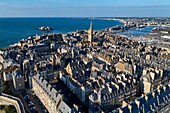 France, Ille et Vilaine, Cote d'Emeraude (Emerald Coast), Saint Malo, the roofs and street of the fortified city, cathedrale Saint Vincent (aerial view)\n