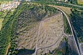 France, Pas de Calais, Loos en Gohelle, the twin slag heaps of pit head 11/19, mine site listed as World Heritage by UNESCO (aerial view)\n