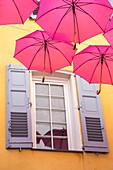 France, Alpes-Maritimes, Grasse, historic center, pink umbrellas in Jean Ossola street\n