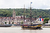 France, Seine Maritime, Saint Nicolas de Bliquetuit, Armada 2019, Grande Parade, Etoile du Roy, frigate, sailing past Caudebec en Caux church\n