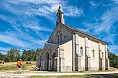 France, Lozere, surroundings of Lajo, hike along the Via Podiensis, one of the French pilgrim routes to Santiago de Compostela or GR 65, Saint Roch de l'Hospitalet chapel\n