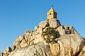 France, Cotes d'Armor, Penvenan, Port Blanc on the GR 34 hiking trail, Sentinelle Rock topped with an oratory\n