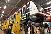 "France, Nord; Villeneuve d'Ascq, 4 Cantons, workshops of the automatic metro network Ilevia, repair of a subway train"\n
