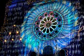 France, Eure et Loir, Chartres, Notre Dame cathedral listed as World Heritage by UNESCO, illuminations during Chartres en Lumieres, west facade\n