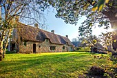 France, Morbihan, Gulf of Morbihan, Regional Natural Park of the Gulf of Morbihan, Plougoumelen, Cahire, typical house with thatched roof\n