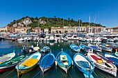 France, Alpes Maritimes, Nice, listed as World Heritage by UNESCO, the old port or port Lympia, Pointus (traditional fishing boats)\n