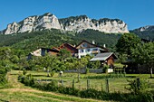 France, Haute Savoie, Chablais geopark massif, Thollon les Memises, the hamlet of Les Vesins and the cliffs of the Pic des Memises\n