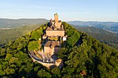 Frankreich, Bas Rhin, Elsässer Weinstraße, Orschwiller, Burg Haut Koenigsbourg am Fuße der Vogesen und mit Blick auf die Ebene des Elsass, mittelalterliche Burg aus dem 12. Jahrhundert, steht unter Denkmalschutz (Luftaufnahme)