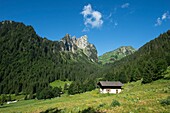 Frankreich, Haute Savoie, Massiv des Chablais, Val d'Abondance, Portes du Soleil, Kapelle von Abondance, eine Berghütte in Chevenne und der kleine Berg Chauffe