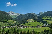 France, Haute Savoie, massif of Chablais, Val d'Abondance, Portes du Soleil, Abondance Chapel, General view of the village and the Mont de Grange\n