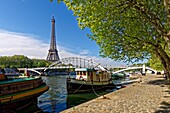 France, Paris, area listed as World Heritage by UNESCO, the banks of the Seine river, Debilly footbridge and the Eiffel Tower\n