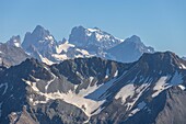 France, Hautes Alpes, Ecrins National Park, Orcieres Merlette, view from the Prelles Pass (2807m) on the Mount Pelvoux (3946m)\n