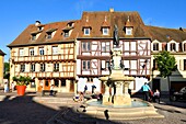 France, Haut Rhin, Alsace Wine Road, Colmar, place des Six Montagnes Noires, the Roesselmann fountain by Auguste Bartholdi was inaugurated in 1854\n