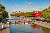 France, Paris, La Villette park, Ourcq canal, removable walkway\n
