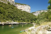 France, Ardeche, Sauze, Ardeche Gorges natural national reserve, kayakists in the Ardeche Canyon between Gournier bivouac and Sauze\n