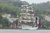 France, Seine Maritime, Sahurs, Armada 2019, JR Tolkien, three masted schooner, sailing on the Seine River, in front of La Bouille village\n