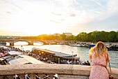 France, Paris, area listed as World Heritage by UNESCO, the Rives de Seine Park at Alexandre III bridge\n