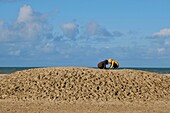 France, Calvados, Pays d'Auge, Deauville, the beach, two boys play in the sand\n