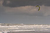 France, Somme, Quend-Plage, Kitesurf along the beach\n
