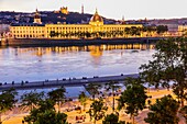France, Rhone, Lyon, historical site listed as World Heritage by UNESCO, quay Victor Augagneur, Rhone River banks with a view of Hotel Dieu and Notre Dame de Fourviere Basilica\n