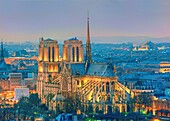 France, Paris, area listed as World Heritage by UNESCO, Ile de la Cite, Notre Dame cathedral illuminated\n