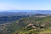 France, Alpes Maritimes, Parc Naturel Regional des Prealpes d'Azur, Gourdon, labeled Les Plus Beaux Villages de France, the coast of the Côte d'Azur and Esterel in the background\n