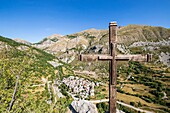 France, Alpes-Maritimes, Mercantour National Park, Tinée valley, Saint-Dalmas-le-Selvage, view of the village from the Claffournier belvedere\n