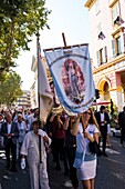 France, Alpes Maritimes, Nice, listed as World Heritage by UNESCO, Port Lympia, Place de l' Ile de Beaute, procession of the Virgin of the Immaculate Conception\n