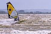 "Frankreich, Somme, Bucht der Somme, Le Crotoy, der Strand von Crotoy ist ein beliebtes Ziel für Kite- und Windsurfer; nach einem Sturm, wenn die Sonne mit einem kräftigen Wind zurückkehrt, sind die Sportler zahlreich und ihre bunten Segel erhellen die Landschaft"