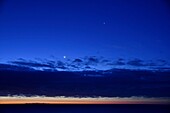 France, Var, sunrise, moon, Corsica in the distance from the Esterel Massif\n
