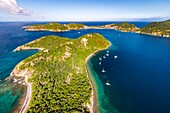 Guadeloupe, Les Saintes, Terre de Haut, the bay of the town of Terre de Haut, listed by UNESCO among the 10 most beautiful bays in the world (aerial view)\n