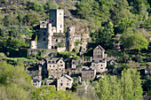 Frankreich, Aveyron, Belcastel, genannt die schönsten Dörfer Frankreichs, Häuser mit Blick auf das Aveyron-Tal, Chateau de Belcastel, vom 10. bis 15. Jahrhundert, ein historisches Monument